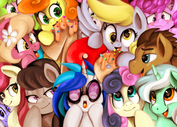 Size: 1024x734 | Tagged: safe, artist:shivall, berry punch, berryshine, bon bon, carrot top, daisy, derpy hooves, dj pon-3, doctor whooves, flower wishes, golden harvest, lyra heartstrings, octavia melody, roseluck, sweetie drops, time turner, vinyl scratch, earth pony, pegasus, pony, unicorn, g4, slice of life (episode), the lost treasure of griffonstone, cute, derpabetes, female, male, mare, stallion