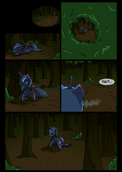 Size: 1240x1754 | Tagged: safe, artist:lunarcakez, princess luna, comic:the origins of hollow shades, g4, comic, filly, forest, injured, woona, younger