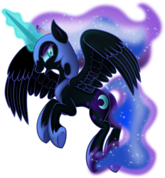Size: 3072x3314 | Tagged: safe, artist:theshadowstone, nightmare moon, alicorn, pony, g4, female, flying, high res, mare, simple background, solo, transparent background