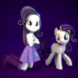 Size: 1024x1024 | Tagged: dead source, safe, artist:creatorofpony, artist:ponypikmin1998, rarity, human, pony, equestria girls, g4, 3d, blender, boots, clothes, female, human ponidox, kneeling, self ponidox, shoes, skirt, solo, square crossover