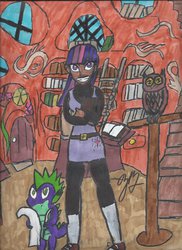 Size: 762x1048 | Tagged: safe, artist:gorokai, owlowiscious, spike, twilight sparkle, human, g4, dark skin, grin, humanized, traditional art