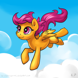 Size: 1500x1500 | Tagged: safe, artist:kp-shadowsquirrel, scootaloo, pegasus, pony, blank flank, cloud, female, filly, flying, foal, scootaloo can fly, signature, sky, smiling, solo, speedpaint, spread wings, wings