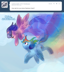Size: 662x740 | Tagged: safe, artist:prismaya, firefly, rainbow dash, pegasus, pony, g1, g4, ask, duo, female, firefly says, flying, g1 to g4, generation leap, mare, rainbow trail, speed trail, tumblr