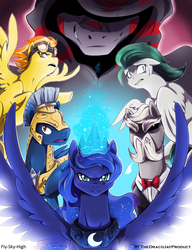 Size: 1024x1331 | Tagged: safe, artist:fly-sky-high, princess luna, spitfire, oc, oc:pierson, oc:reginald whitmane, oc:willow, comic:lunar isolation, g4, fanart, magic, spread wings