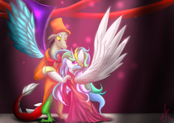 Size: 7016x4961 | Tagged: safe, artist:siranarchy95, discord, princess celestia, g4, absurd resolution, clothes, dancing, dress, female, male, ship:dislestia, shipping, spread wings, straight, suit