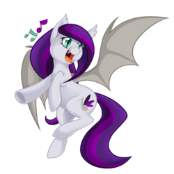 Size: 1000x1000 | Tagged: safe, artist:skjolty, oc, oc only, oc:sweet hum, bat pony, pony, fangs, flying, music notes, singing, solo