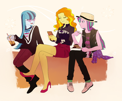 Size: 1800x1500 | Tagged: dead source, safe, artist:magneticskye, adagio dazzle, aria blaze, sonata dusk, equestria girls, g4, alternate clothes, alternate hairstyle, cake, eating, hat, loose hair, phone, ponytail, smartphone, the dazzlings
