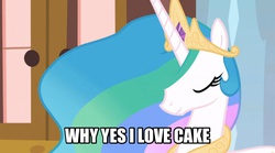 Size: 926x516 | Tagged: safe, edit, edited screencap, screencap, princess celestia, g4, cake, cakelestia, content celestia, female, image macro, meme, solo