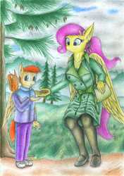 Size: 1631x2319 | Tagged: safe, artist:sinaherib, fluttershy, oc, oc:summer wind, squirrel, anthro, g4, breasts, cleavage, female, offspring, parent:big macintosh, parent:fluttershy, parents:fluttermac, traditional art