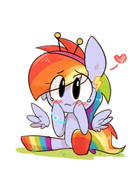 Size: 800x1000 | Tagged: safe, artist:joycall6, rainbow dash, g4, blushing, clothes, cute, dashabetes, female, heart, rainbow socks, socks, solo, striped socks