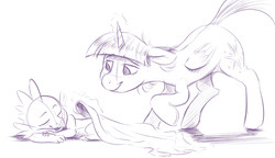 Size: 2600x1500 | Tagged: safe, artist:verulence, spike, twilight sparkle, alicorn, pony, g4, blanket, eyes closed, female, levitation, magic, mama twilight, mare, monochrome, sketch, sleeping, smiling, telekinesis, twilight sparkle (alicorn)