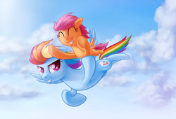 Size: 3249x2209 | Tagged: safe, artist:verulence, rainbow dash, scootaloo, pegasus, pony, g4, ^^, cloud, eyes closed, female, filly, flying, foal, grin, gritted teeth, high res, holding a pony, mare, scootalove, sky, smiling, spread wings, teeth, underhoof, wings