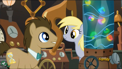Size: 1920x1080 | Tagged: safe, screencap, derpy hooves, doctor whooves, time turner, earth pony, pony, g4, slice of life (episode), bowtie, doctor whooves' lab, duo, female, flameless fireworks, male, mare, stallion