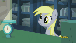 Size: 500x281 | Tagged: safe, screencap, derpy hooves, pegasus, pony, g4, season 5, slice of life (episode), animated, basket, cute, derpabetes, discovery family, discovery family logo, female, mare, muffin, post office, solo