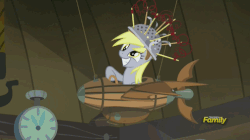Size: 496x277 | Tagged: safe, screencap, derpy hooves, pegasus, pony, g4, slice of life (episode), animated, colander, cute, derpabetes, derpy being derpy, discovery family, discovery family logo, female, flying machine, mare, muffin 1, plane, rope, solo