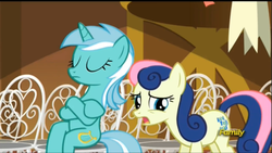 Size: 979x553 | Tagged: safe, screencap, bon bon, lyra heartstrings, sweetie drops, earth pony, pony, unicorn, g4, slice of life (episode), crossed arms, female, mare, sitting