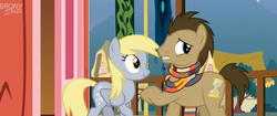 Size: 1913x805 | Tagged: safe, screencap, derpy hooves, doctor whooves, time turner, earth pony, pony, g4, slice of life (episode), clothes, cropped, fourth doctor's scarf, male, scarf, stallion, striped scarf