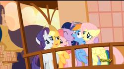 Size: 977x549 | Tagged: safe, screencap, applejack, fluttershy, pinkie pie, rainbow dash, rarity, twilight sparkle, alicorn, pony, g4, slice of life (episode), female, group hug, mane six, mare, twilight sparkle (alicorn)