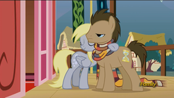 Size: 1600x900 | Tagged: safe, screencap, derpy hooves, doctor whooves, time turner, earth pony, pony, g4, slice of life (episode), clothes, discovery family logo, fourth doctor's scarf, hug, male, reference, scarf, stallion, striped scarf