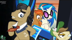 Size: 1920x1080 | Tagged: safe, screencap, button mash, dj pon-3, filthy rich, hayseed turnip truck, vinyl scratch, earth pony, pony, g4, slice of life (episode), colt, dollar sign, female, liquid button, male, mare, stallion