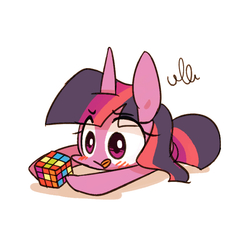 Size: 800x800 | Tagged: safe, artist:joycall6, twilight sparkle, g4, :p, blushing, cute, female, hilarious in hindsight, rubik's cube, solo, tongue out, twiabetes