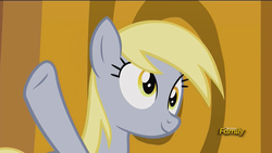 Size: 1600x900 | Tagged: safe, screencap, derpy hooves, pegasus, pony, g4, slice of life (episode), derp, discovery family logo, female, mare, solo