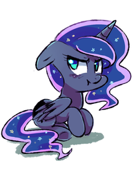 Size: 800x1000 | Tagged: safe, artist:sion-ara, princess luna, g4, blushing, ethereal mane, female, floppy ears, missing accessory, scrunchy face, solo