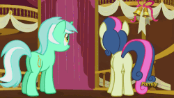 Size: 500x281 | Tagged: safe, screencap, bon bon, lyra heartstrings, sweetie drops, earth pony, pony, unicorn, g4, season 5, slice of life (episode), animated, bell, best friends, butt, butt bump, butt to butt, butt touch, discovery family, discovery family logo, female, gif, mare, plot