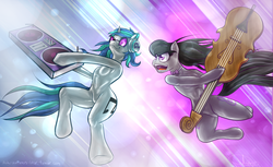 Size: 3078x1887 | Tagged: safe, artist:whisperfoot, dj pon-3, octavia melody, vinyl scratch, semi-anthro, g4, my little pony: friendship is magic, slice of life (episode), bad anatomy, cello, duet, musical instrument, redraw, turntable