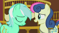 Size: 500x281 | Tagged: safe, screencap, bon bon, lyra heartstrings, sweetie drops, earth pony, pony, unicorn, g4, season 5, slice of life (episode), :o, animated, best friends, discovery family, discovery family logo, eye contact, female, floppy ears, glare, grin, gritted teeth, holding hooves, larson you magnificent bastard, lidded eyes, mare, out of context, smiling, talking, watch