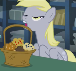 Size: 754x700 | Tagged: safe, screencap, derpy hooves, pegasus, pony, g4, slice of life (episode), basket, derp, faic, female, mare, muffin, solo