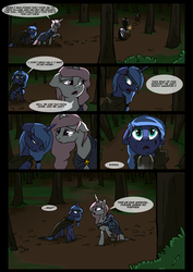 Size: 1240x1754 | Tagged: safe, artist:lunarcakez, princess celestia, princess luna, comic:the origins of hollow shades, g4, comic, filly, forest, mud, pink-mane celestia, woona, younger