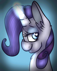 Size: 960x1200 | Tagged: safe, artist:dweebpone, rarity, pony, unicorn, g4, abstract background, bust, female, glowing horn, gradient background, horn, lidded eyes, looking at you, magic, mare, portrait, profile, smiling, solo