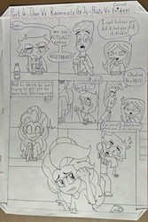 Size: 1836x2745 | Tagged: safe, artist:ysc99, pinkie pie, human, g4, black and white, chris, comic, crossover, crying, dan, dan vs, elise (dan vs), grayscale, humanized, monochrome, the wheel and the butterfly saga