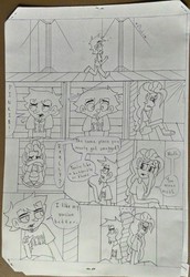 Size: 1836x2661 | Tagged: safe, artist:ysc99, pinkie pie, human, g4, comic, crossover, crying, dan, dan vs, elise (dan vs), humanized, monochrome, the wheel and the butterfly saga
