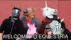 Size: 960x540 | Tagged: dead source, safe, screencap, human, g4, slice of life (episode), hoers mask, horse mask group shot, image macro, irl, irl human, ishi rudell, jayson thiessen, jim miller, katrina hadley, meme, photo, timothy packford, true equestria, wat
