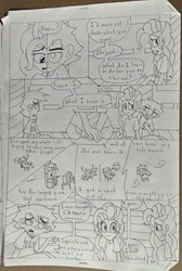 Size: 1836x2737 | Tagged: safe, artist:ysc99, pinkie pie, human, g4, comic, crossover, crying, dan, dan vs, elise (dan vs), humanized, monochrome, pointy ponies, the wheel and the butterfly saga