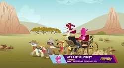 Size: 1275x709 | Tagged: safe, screencap, caboose, cherry jubilee, evening star, full steam, john bull, pinkie pie, promontory, earth pony, pony, g4, party pooped, carriage, desert, preview, trailer