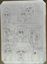 Size: 1836x2524 | Tagged: safe, artist:ysc99, pinkie pie, human, g4, comic, crossover, crying, dan, dan vs, elise (dan vs), humanized, monochrome, the wheel and the butterfly saga