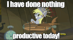 Size: 551x307 | Tagged: safe, screencap, derpy hooves, pegasus, pony, g4, slice of life (episode), 100th episode, animated, colander, cute, derpabetes, derpy being derpy, discovery family logo, female, flying machine, grin, i have done nothing productive all day, image macro, impact font, mare, meme, muffin 1, smiling, solo, squee