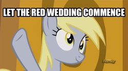 Size: 606x337 | Tagged: safe, screencap, derpy hooves, pegasus, pony, g4, slice of life (episode), a song of ice and fire, female, game of thrones, image macro, mare, meme, red wedding, solo, this will end in tears and/or death