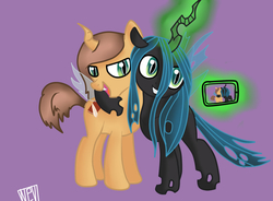 Size: 900x661 | Tagged: safe, artist:nevera573, queen chrysalis, oc, oc:poisoned soul, changeling, changeling queen, nymph, g4, camera, camera shot, canon x oc, chrysalislover, cute, cutealis, female, filly, glowing horn, horn, magic, ocbetes, purple background, selfie, shipping, side hug, signature, simple background, telekinesis, younger