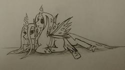 Size: 1743x979 | Tagged: safe, artist:cloriin, queen chrysalis, oc, oc:poisoned soul, g4, canon x oc, changelingified, chrysalislover, monochrome, shipping, traditional art