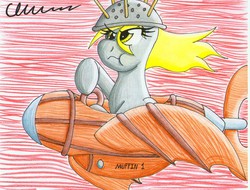 Size: 1660x1260 | Tagged: safe, artist:the1king, derpy hooves, pegasus, pony, g4, slice of life (episode), aircraft, colander, female, mare, muffin 1, scrunchy face, solo