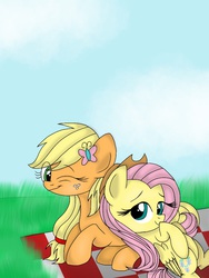 Size: 768x1024 | Tagged: safe, artist:php76, applejack, fluttershy, g4, accessory swap, female, hatless, lesbian, missing accessory, picnic blanket, ship:appleshy, shipping