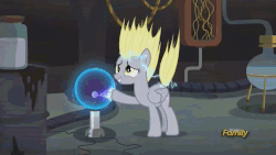Size: 500x281 | Tagged: safe, screencap, derpy hooves, doctor whooves, time turner, earth pony, pegasus, pony, g4, slice of life (episode), animated, bowtie, derpy being derpy, discovery family, discovery family logo, doctor whooves' lab, female, male, mare, plasma ball, stallion