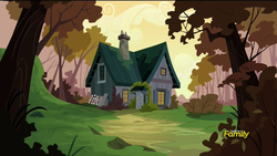 Size: 1920x1080 | Tagged: safe, screencap, g4, slice of life (episode), background, cranky and matilda's home, discovery family logo, forest, house, no pony, scenery