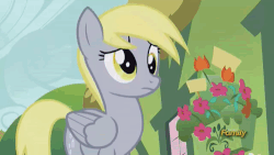 Size: 500x281 | Tagged: safe, screencap, derpy hooves, pegasus, pony, g4, slice of life (episode), animated, butt, discovery family, discovery family logo, female, mare, plot, sad, solo