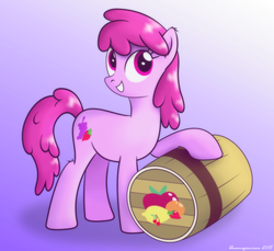 Size: 1024x940 | Tagged: safe, artist:bluemeganium, berry punch, berryshine, earth pony, pony, g4, slice of life (episode), barrel, female, fruit, mare, smiling, solo, that was fast