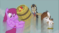 Size: 1366x768 | Tagged: safe, screencap, berry punch, berryshine, filthy rich, pipsqueak, earth pony, pony, g4, slice of life (episode), barrel, colt, female, male, mare, stallion